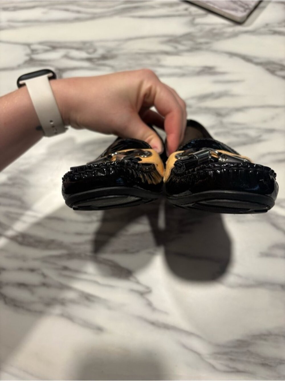 Stuart Weitzman Black Patent Loafers with Tan Trim and Tassels - Picture 10 of 11